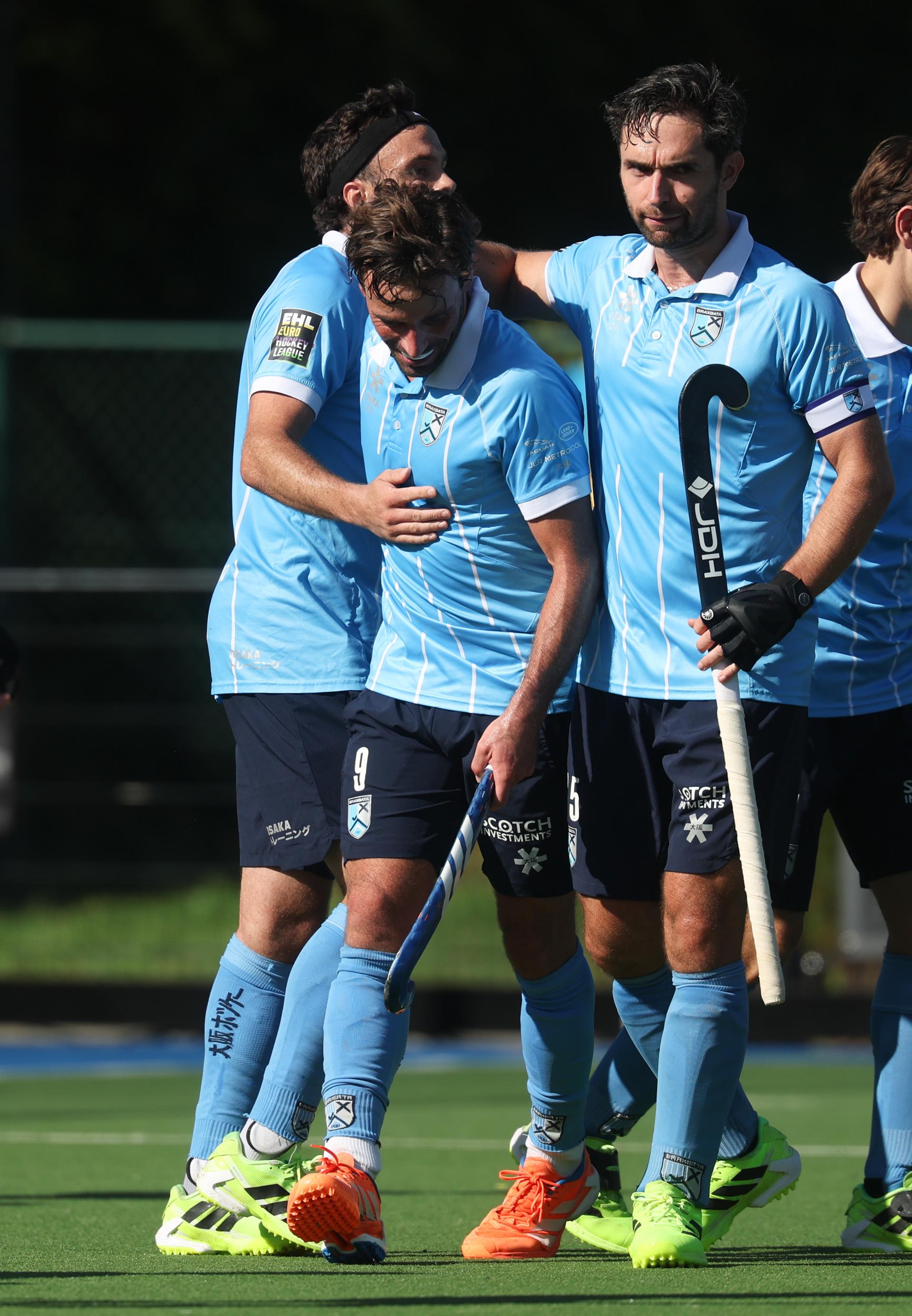 Braxgata's Sebastien Dockier celebrates after scoring during a hockey game between Braxgata and Waterloo Ducks, Saturday 06 September 2025 in Boom, on day 1 of the Belgian Men Hockey League season 2025-2026. BELGA PHOTO VIRGINIE LEFOUR
