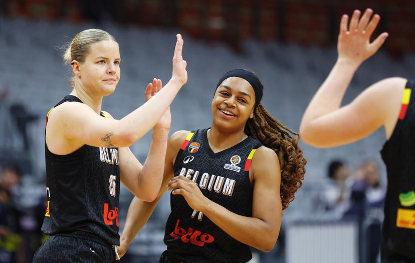 Belgium's Becky Massey and Belgium's Alicia Courthiau celebrate during a basket game between Belgium's national team Belgian Cats and South Sudan, in Wuhan, China, on Sunday 15 March 2026, the fourth game (out of 5) of the qualifications phase for the World Cup Basket tournament. BELGA PHOTO NIKOLA KRSTIC