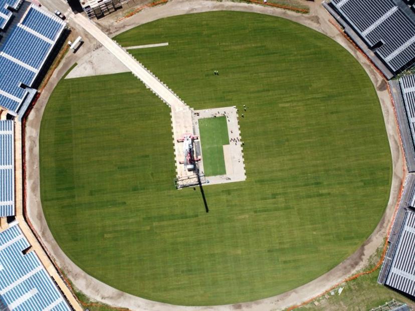 This aerial photo taken on May 1, 2024 shows the Nassau County International Cricket Stadium under construction in Eisenhower Park in East Meadow, New York, ahead of the ICC T20 World Cup 2024. The newly-built Nassau County International Cricket Stadium, near New York, was launched on May 15, 2024 with the sport's world body "excited" to conquer new territories through the T20 World Cup in June. The 34,000-capacity stadium, with infrastructure from the Las Vegas Formula 1 circuit and drop-in pitches prepared in Florida, will host the hotly-anticipated India-Pakistan clash on June 9, among its eight scheduled World Cup games.  Cecilia SANCHEZ / AFP