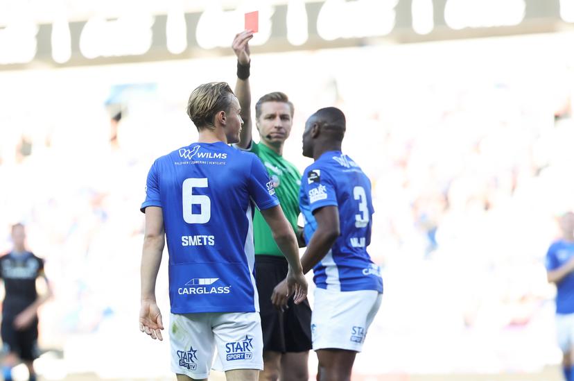 Genk's Matte Smets receives a red card from referee Lawrence Visser during a soccer match between KRC Genk and Club Brugge, Sunday 11 May 2025 in Genk, on day 8 (out of 10) of the Champions' Play-offs of the 2024-2025 'Jupiler Pro League' first division of the Belgian championship. BELGA PHOTO VIRGINIE LEFOUR