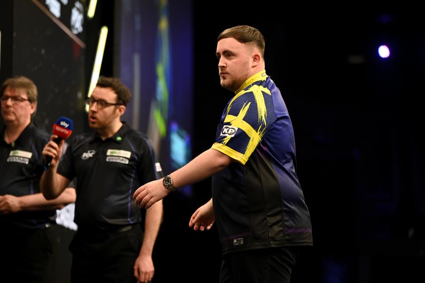 English Luke Littler reacts during the semi final at the Premier League (Night 2/16) darts event in Antwerp on Thursday 12 February 2026. BELGA PHOTO ELIAS ROM