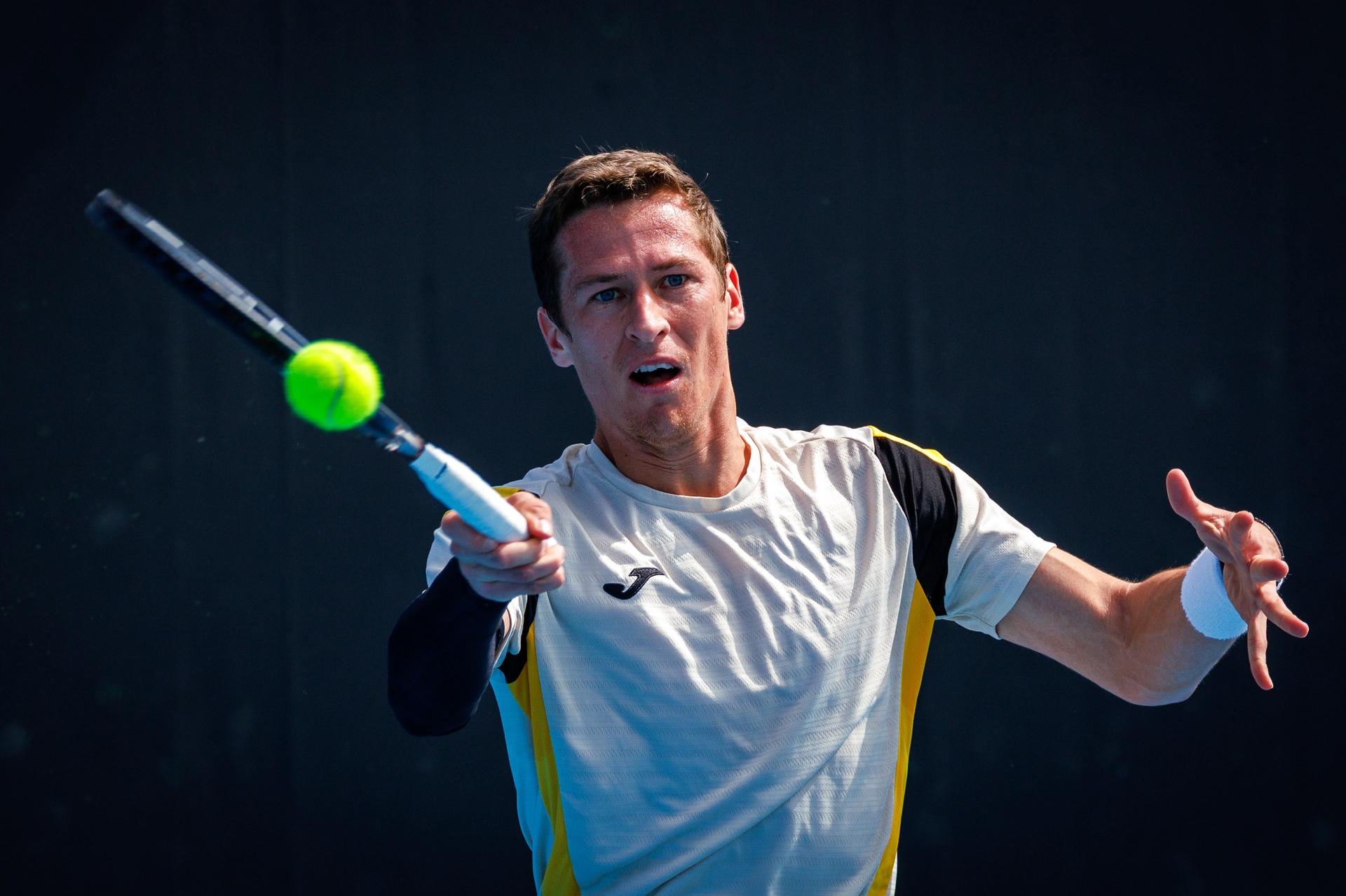 Belgium's Kimmer Coppejans pictured in action during a third round qualifying match in the men's singles against USA's Svajda at the Australian Open, Melbourne Park, Melbourne on Thursday 15 January 2026.  BELGA PHOTO PATRICK HAMILTON  --- BENELUX ONLY   ---
