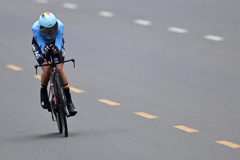 Belgian Laura Five pictured in action during the Women Junior Individual Time Trial race (18,3km) at the cycling road world championships, in Kigali, Rwanda, Tuesday 23 September 2025. The 2025 UCI Road World Championships take place from 21 to 28 September in Kigali, Rwanda. BELGA PHOTO DIRK WAEM