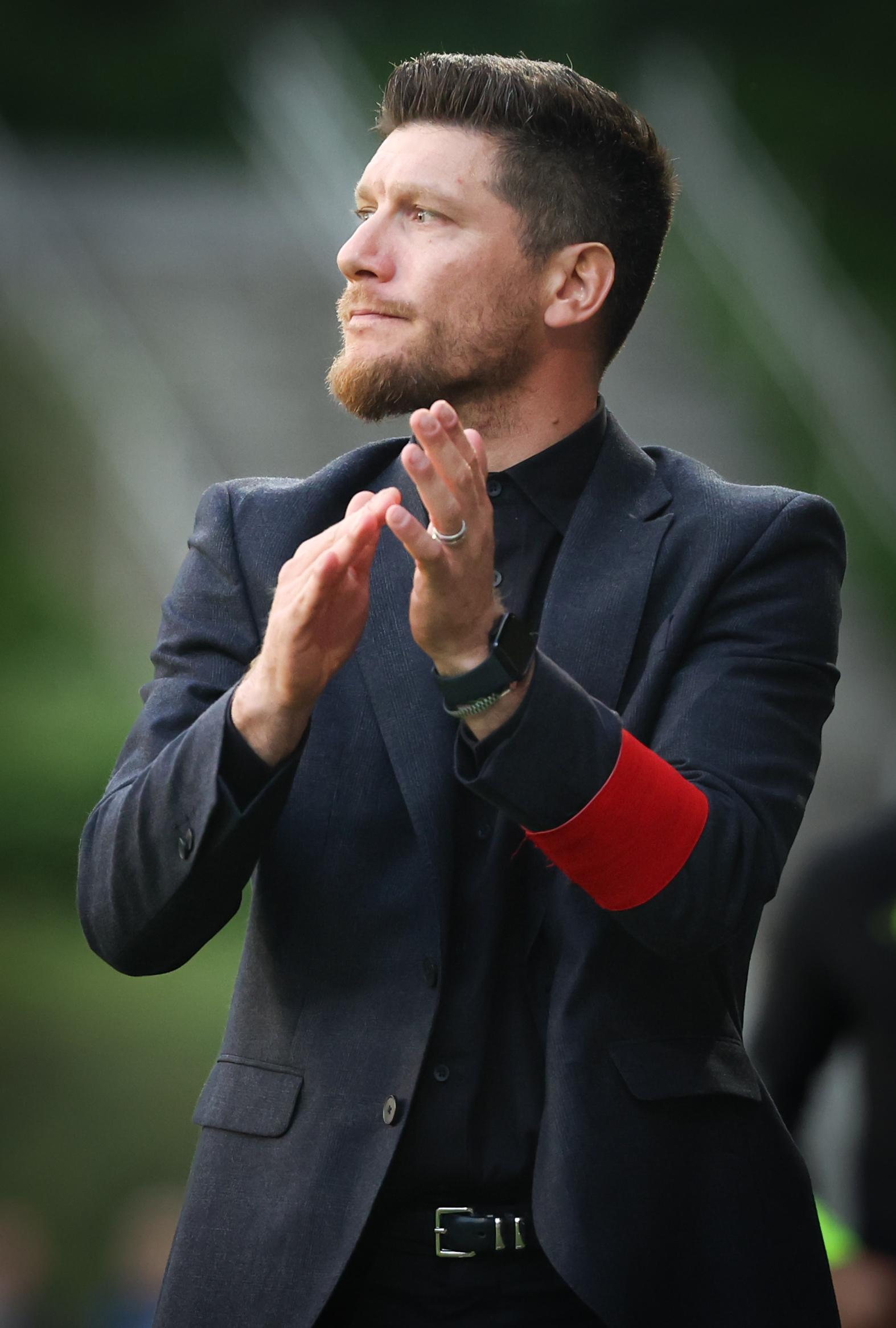 Union's head coach Sebastien Pocognoli celebrates during a soccer match between Royale Union Saint-Gilloise and Club Brugge, Sunday 27 April 2025 in Brussels, on day 6 (out of 10) of the Champions' Play-offs of the 2024-2025 'Jupiler Pro League' first division of the Belgian championship. BELGA PHOTO VIRGINIE LEFOUR