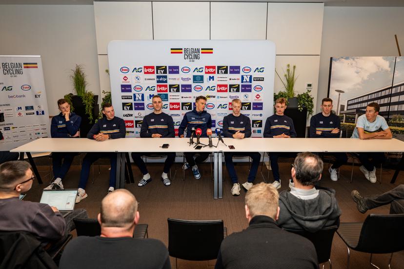 Belgian Gerben Kuypers, Belgian Joran Wyseure, Belgian Niels Vandeputte, Belgian Thibau Nys, Belgian Michael Vanthourenhout, Belgian Toon Vandebosch, Belgian Toon Aerts and Belgian Jente Michels pictured during a press conference of the Belgian team ahead of the UCI Cyclocross World Championships in Hulst, The Netherlands, on Friday 30 January 2026, in Sint-Niklaas. BELGA PHOTO DAVID PINTENS