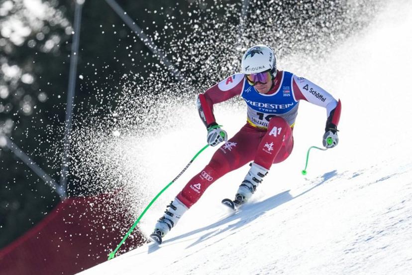 Austria's Lukas Feurstein competes in the Men's Super-G event of the Saalbach 2025 FIS Alpine World Ski Championships in Hinterglemm on February 7, 2025.  Dimitar DILKOFF / AFP