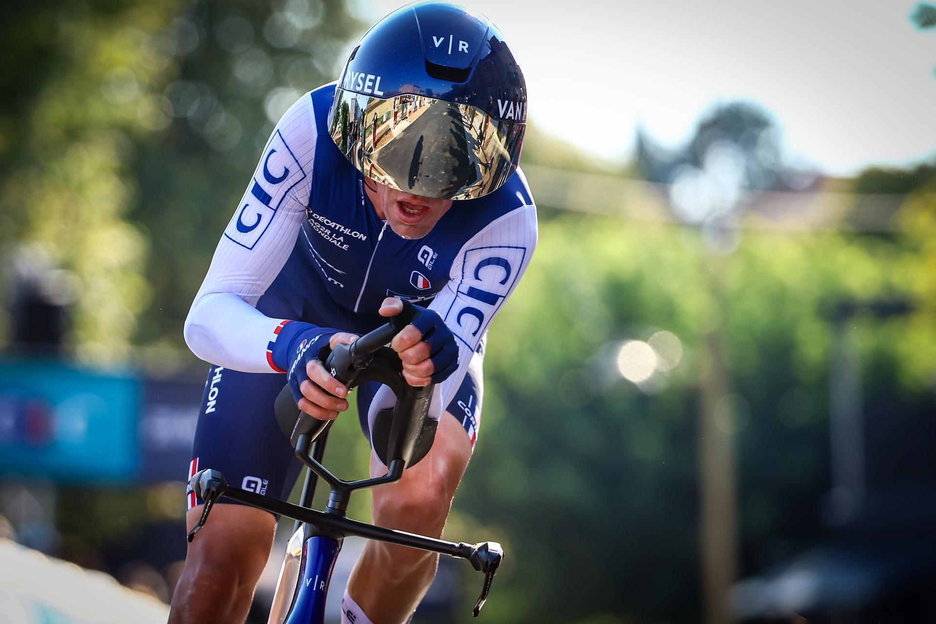French Bruno Armirail pictured in action during the 24 km time trial of the Men Elite category at the UEC road European cycling championships, Wednesday 01 October 2025, in Loriol-sur-Drome, France. The European cycling championships Drome-Ardeche takes place from 1 to 5 October, France. BELGA PHOTO DAVID PINTENS