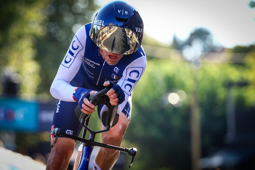 French Bruno Armirail pictured in action during the 24 km time trial of the Men Elite category at the UEC road European cycling championships, Wednesday 01 October 2025, in Loriol-sur-Drome, France. The European cycling championships Drome-Ardeche takes place from 1 to 5 October, France. BELGA PHOTO DAVID PINTENS