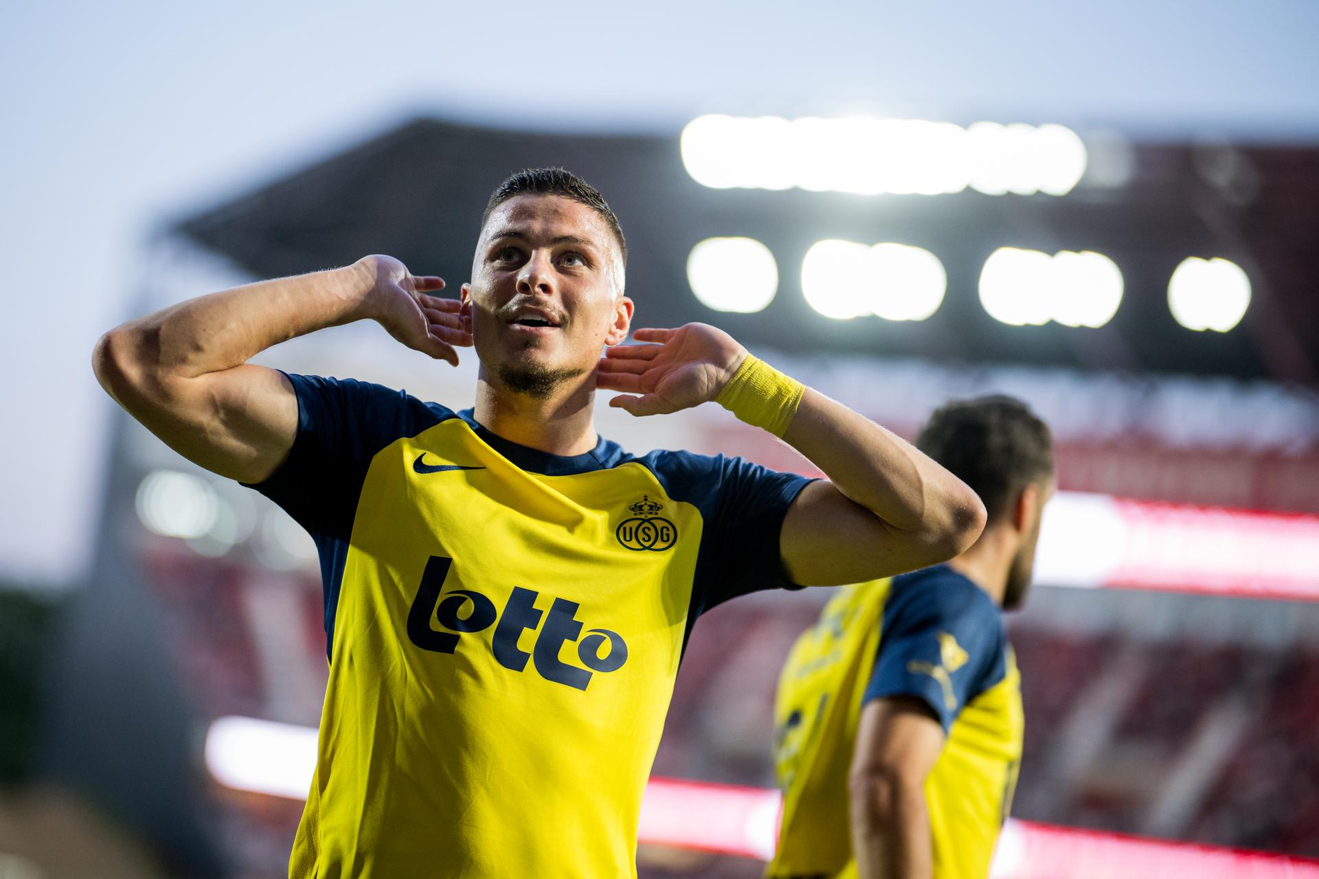 Union's Franjo Ivanovic celebrates after scoring during a soccer match between Royal Antwerp FC and Union Saint-Gilloise, Saturday 17 May 2025 in Brussels, on day 9 (out of 10) of the Champions' Play-offs of the 2024-2025 'Jupiler Pro League' first division of the Belgian championship. BELGA PHOTO JASPER JACOBS