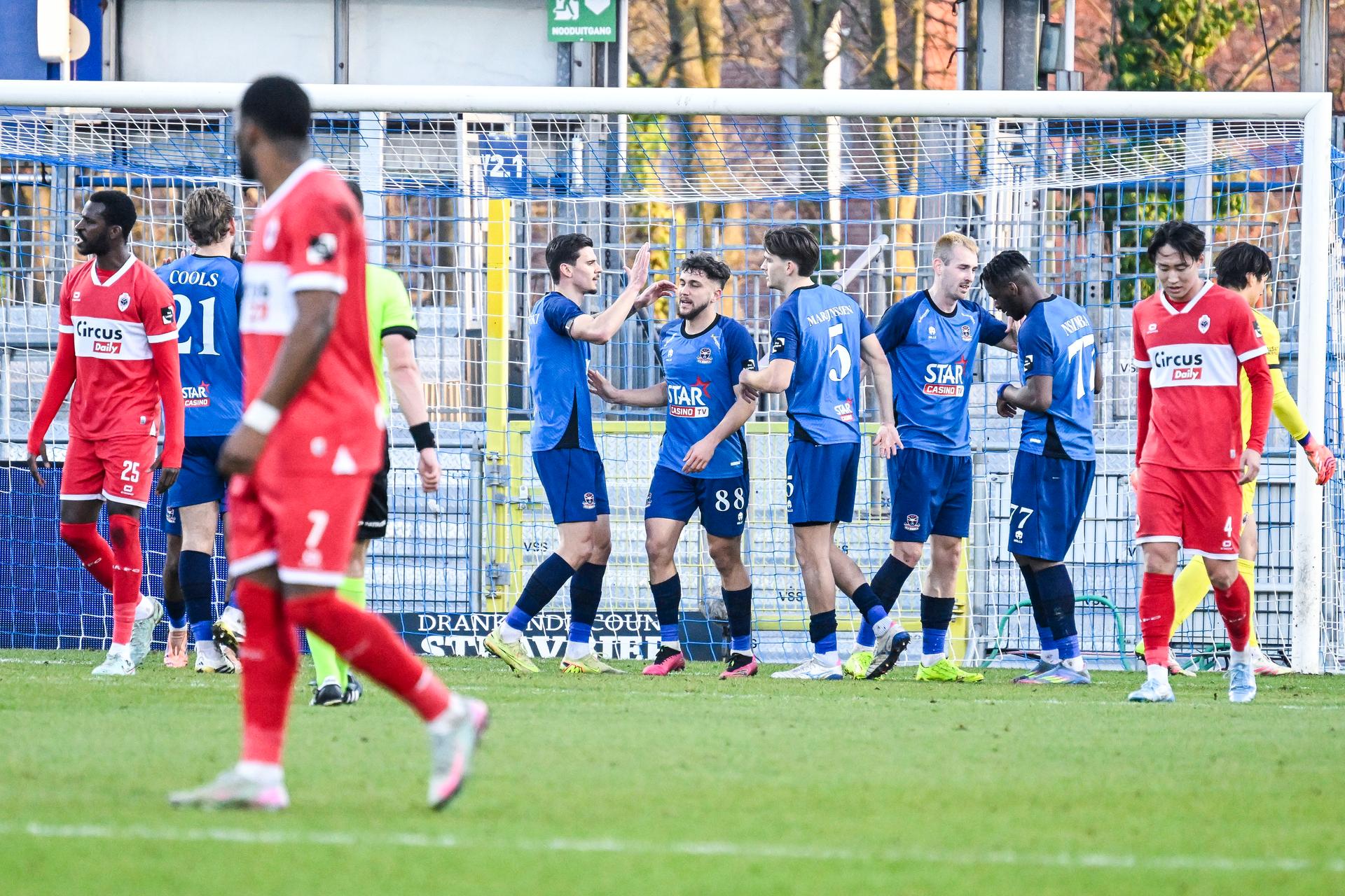 Dender's Roman Kvet celebrates after scoring during a soccer match between FCV Dender EH and Royal Antwerp FC, Sunday 18 January 2026 in Denderleeuw, on day 21 of the 2025-2026 'Jupiler Pro League' first division of the Belgian championship. BELGA PHOTO TOM GOYVAERTS
