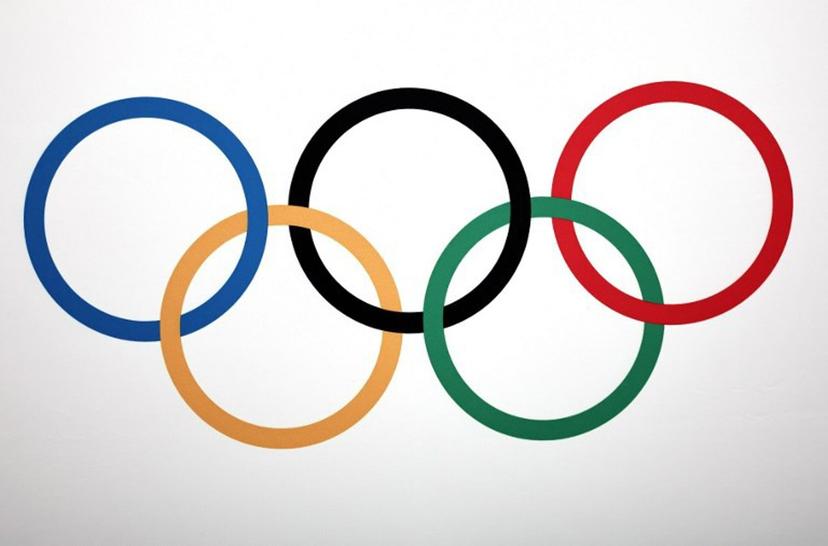 A photo shows the Olympic rings logo during a press conference after an International Olympic Committee (IOC) Executive Board committee meeting in Paris, on November 30, 2023.  FRANCK FIFE / AFP
