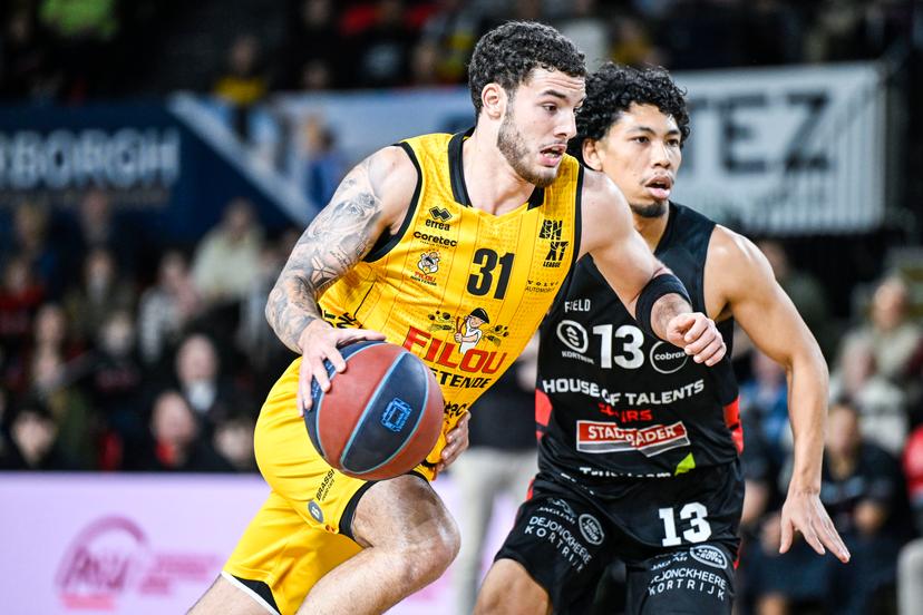 Oostende's Noam Yaacov and Kortrijk's Kihei Clark pictured in action during a basketball match between Belgian BC Oostende and Belgian House of Talents Spurs Kortrijk Friday 26 December 2025 in Oostende, on the day 14 (out of 34) of the 'BNXT League' Belgian/Dutch first division basket championship. BELGA PHOTO TOM GOYVAERTS