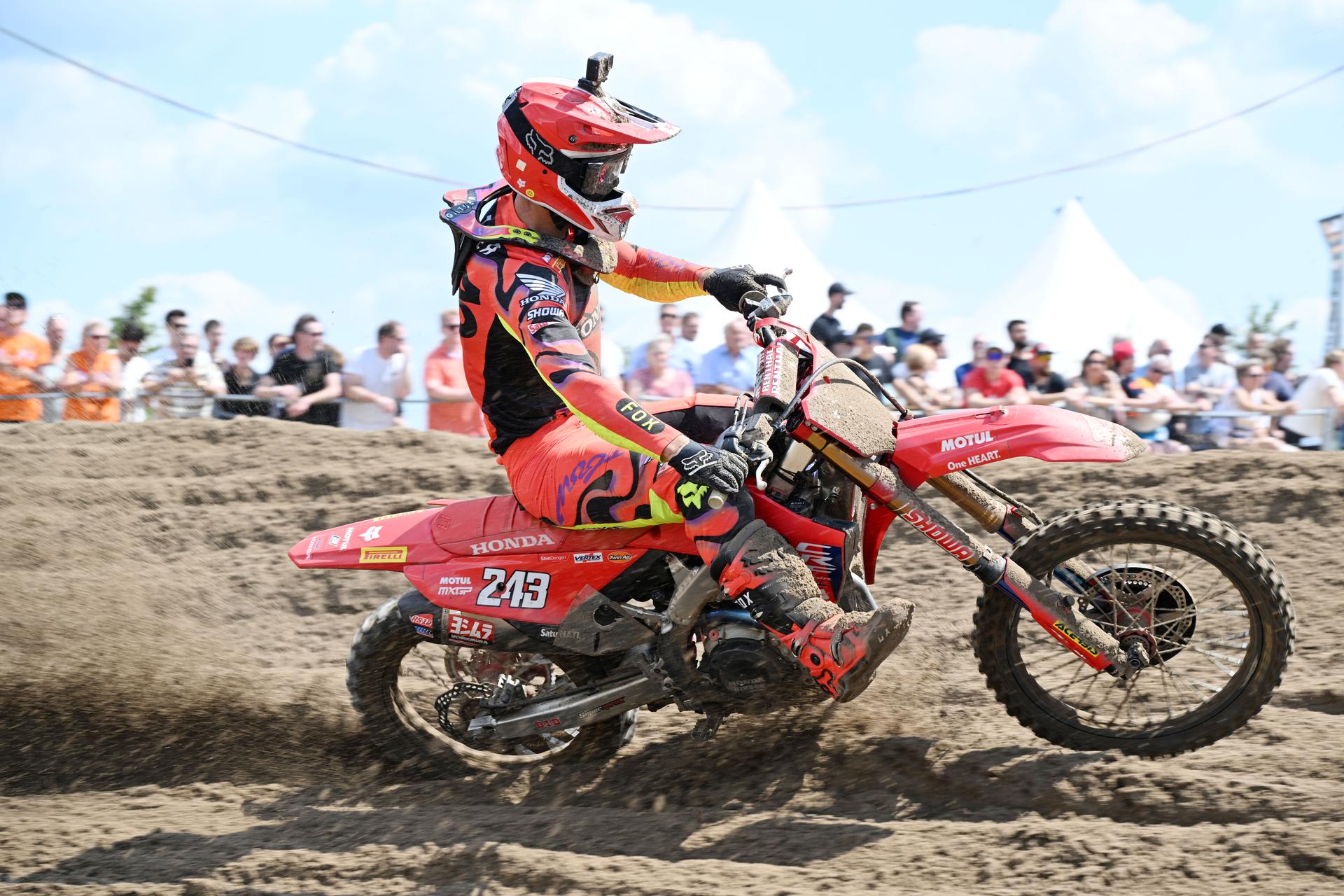 Slovenian Tim Gajser pictured in action during the motocross MXGP Grand Prix Flanders, race 14/20 of the FIM Motocross World Championship, Sunday 28 July 2024 in Lommel. BELGA PHOTO MAARTEN STRAETEMANS