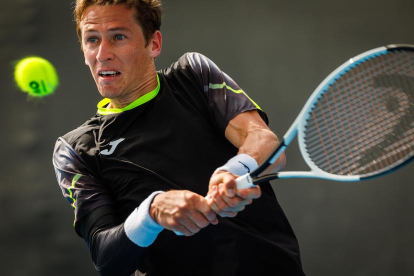 Belgian Kimmer Coppejans pictured in action during a tennis match against Monegasque Vacherot, in the third round of the qualifiers for the men's singles tournament, at the 'Australian Open' Grand Slam tennis tournament, Thursday 09 January 2025 in Melbourne Park, Melbourne, Australia. The 2024 edition of the Australian Grand Slam takes place from January 14th to January 28th. BELGA PHOTO PATRICK HAMILTON