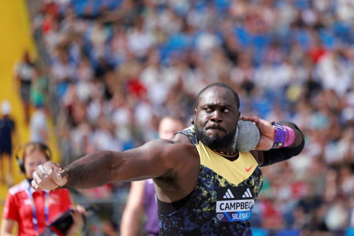 Jamaica's Rajindra Campbell competes in the men's shot put event of the Silesia Diamond League athletics meeting in Katowice, Poland, on August 23, 2026.  Wojtek RADWANSKI / AFP
