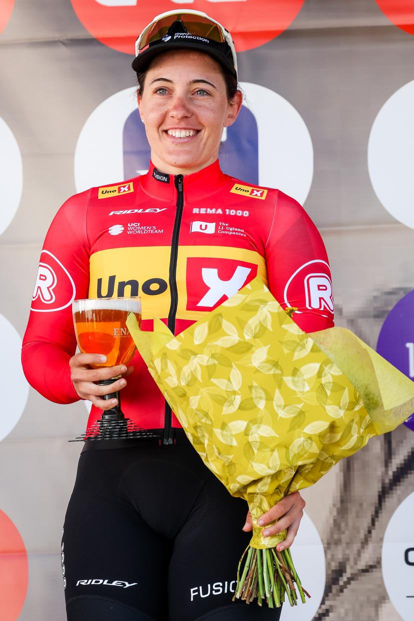 Swiss Linda Zanetti of Uno-X Mobility pictured on the podium after the 'Samyn des Dames' one day cycling race, 122km from Quaregnon to Dour on Tuesday 04 March 2025. BELGA PHOTO VIRGINIE LEFOUR