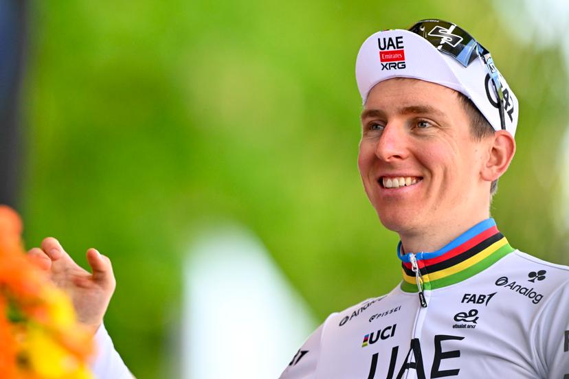 Slovenian Tadej Pogacar of UAE Team Emirates celebrates after winning the men elite race of the Liege-Bastogne-Liege one day cycling event, 252km from Liege, over Bastogne to Liege, Sunday 27 April 2025. BELGA PHOTO ERIC LALMAND