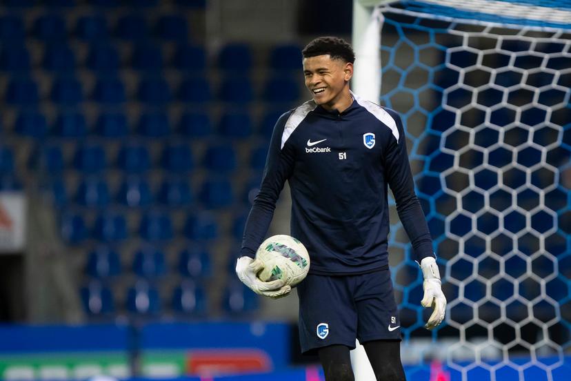 Genk's goalkeeper Lucca Kiaba Brughmans warms up before a soccer match between Jong Genk and KAS Eupen, in Genk, on day 22 of the 2024-2025 'Challenger Pro League' 1B second division of the Belgian championship, Sunday 16 February 2025. BELGA PHOTO KRISTOF VAN ACCOM