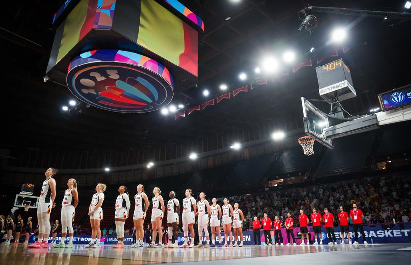Belgian Cats' players pictured at the start of a basketball match between Belgian national team 'the Belgian Cats' and Germany, in the quarterfinals of the FIBA Women's EuroBasket tournament, Wednesday 25 June 2025 in Piraeus, Greece. BELGA PHOTO VIRGINIE LEFOUR