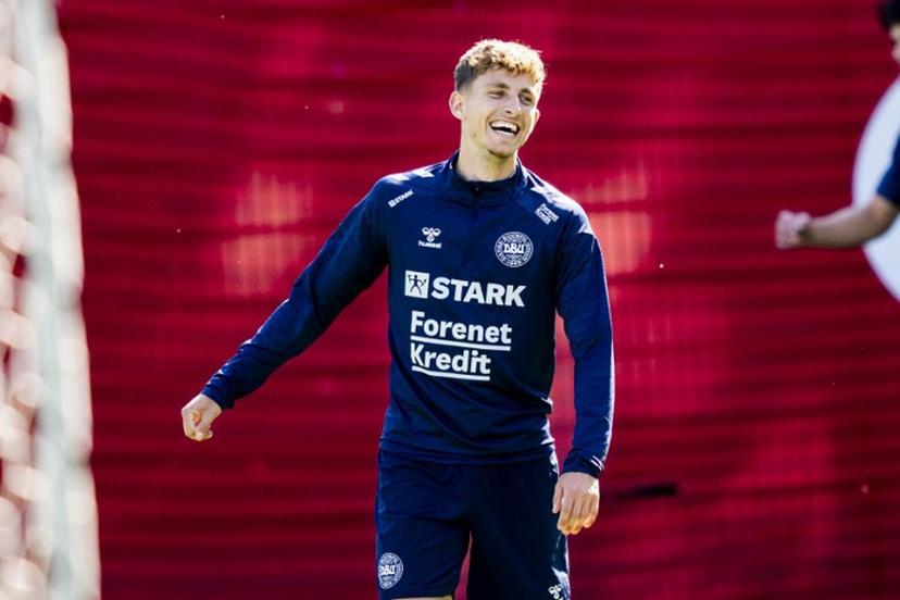 Danish midfielder Jesper Lindstrom attends a training session of the Danish national football team in Helsingor on September 6, 2024, ahead of the UEFA Nations League football match of Denmark v Serbia to be played on September 8, 2024 in Copenhagen.  Ida Marie Odgaard / Ritzau Scanpix / AFP