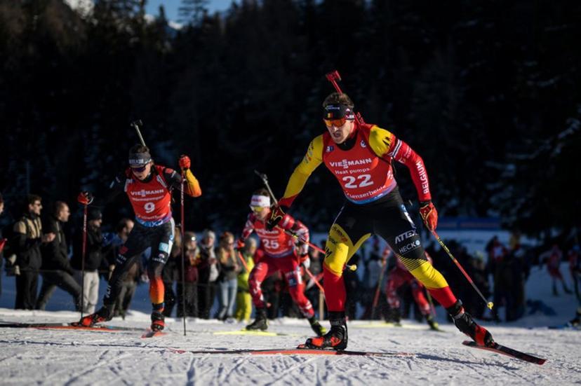 Belgium Florent Claude #22 competes in the Men's 15 km Mass Start competition during the IBU Biathlon World Cup in Lenzerheide, Switzerland, on December 17, 2023.  Fabrice COFFRINI / AFP