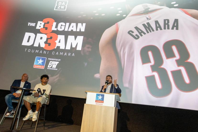 David Putterie and Belgian NBA-player Toumani Camara pictured during a press vision and avant-premiere of the documentary 'The Belgian Dream', at Kinepolis cinema complex in Brussels, Monday 29 July 2024. BELGA PHOTO NICOLAS MAETERLINCK