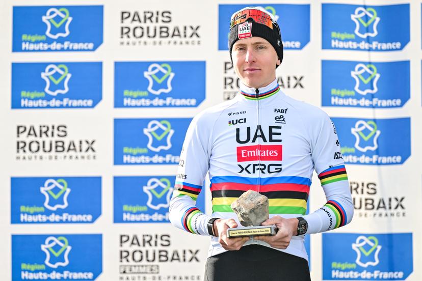 Slovenian Tadej Pogacar of UAE Team Emirates-XRG pictured on the podium after the men's Paris-Roubaix cycling race, Sunday 12 April 2026, around Roubaix, France. The 123rd edition of Paris-Roubaix cycling races will take on Sunday, with the women riding 143,1 km the men riding 258,3 km on Sunday. BELGA PHOTO DIRK WAEM