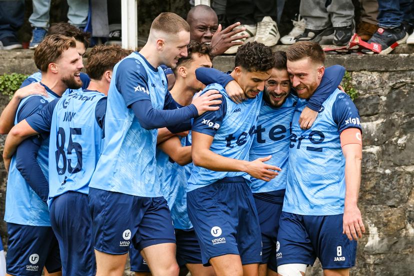 Rochefort's Thomas Thibaud Vanhecke celebrates after scoring during a soccer match between Union Rochefortoise (amateur 1st division) and KAA Gent, Sunday 18 October 2026 in Rochefort, in the 1/16 final of the Croky Cup Belgian cup competition. BELGA PHOTO BRUNO FAHY