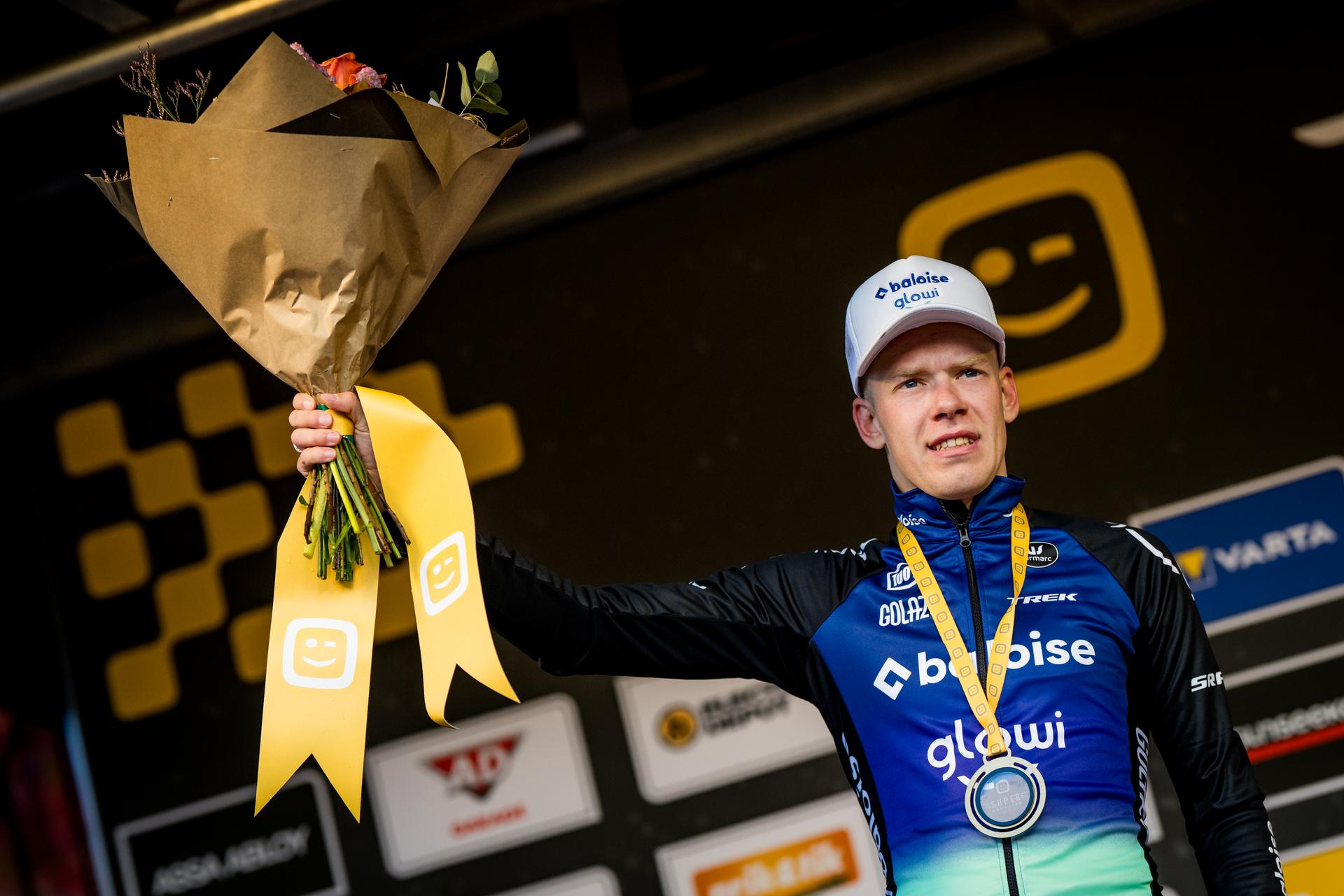 Dutch Pim Ronhaar pictured on the podium after the men's elite race of the Superprestige race of Overijse, stage 2 (out of 8) in the Superprestige cyclocross competition, in Overijse, Sunday 26 October 2025. BELGA PHOTO JASPER JACOBS