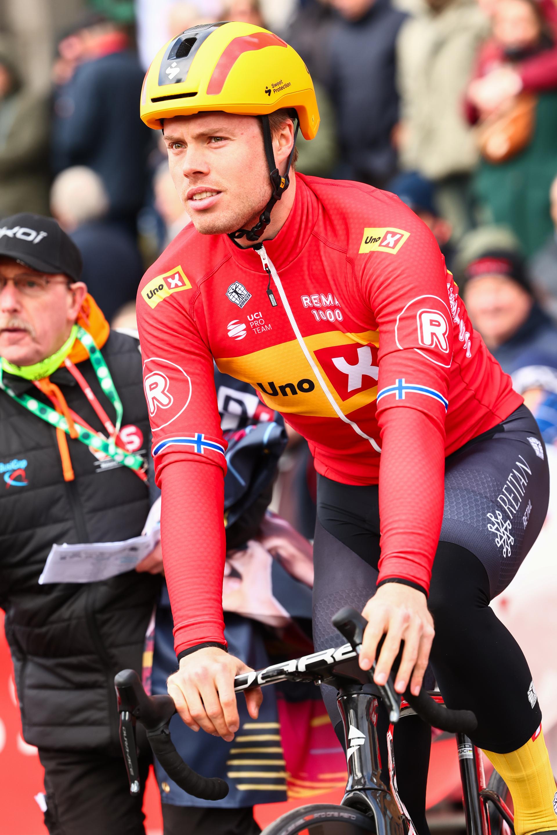 Norwegian Rasmus Tiller of Uno-X Mobility pictured at the start of the 'Grand Prix du Samyn' one day cycling race, 202km from Quaregnon to Dour on Tuesday 27 February 2024, the first (out of 10) race of the Lotto Cycling Cup. BELGA PHOTO DAVID PINTENS