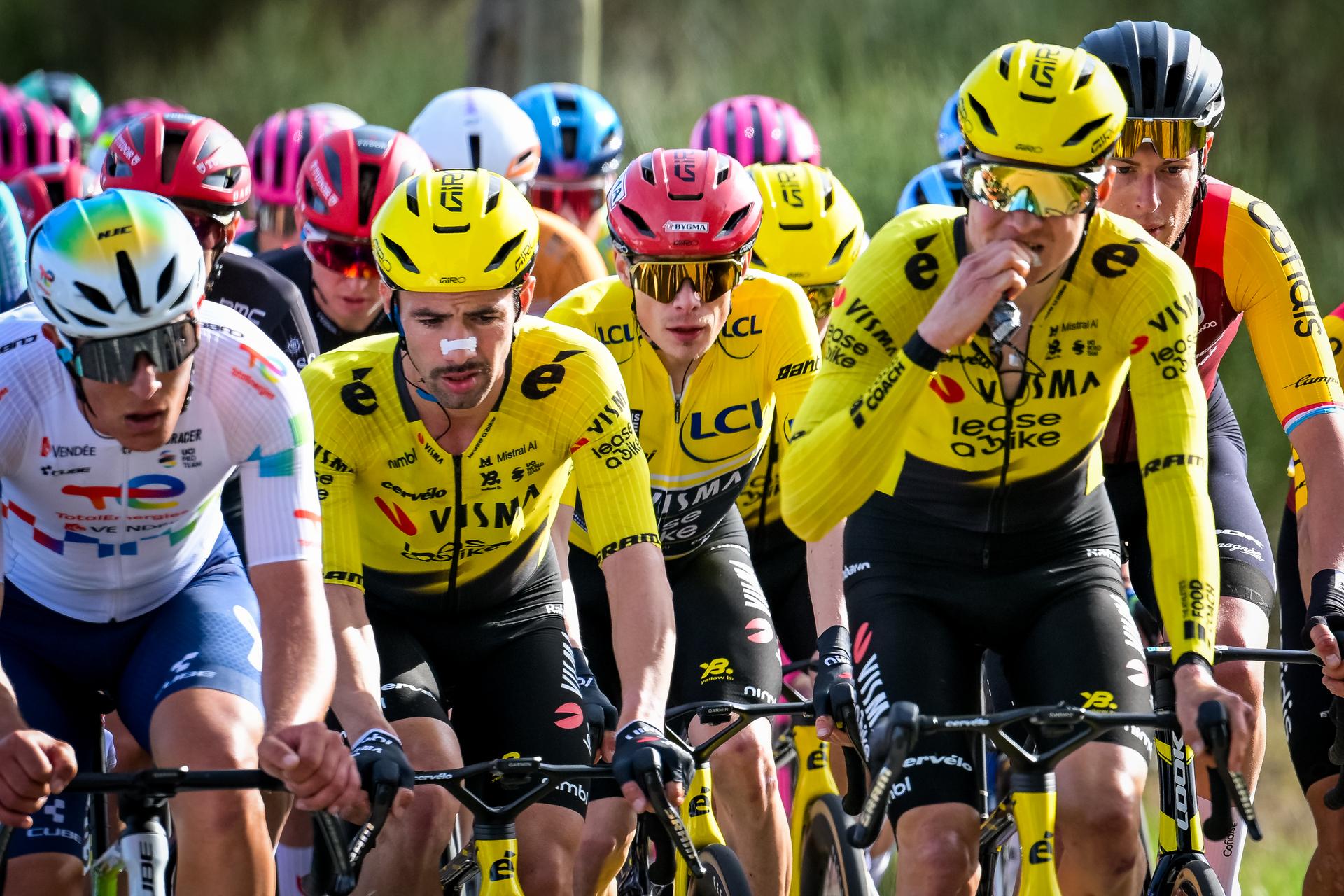 Belgian Victor Campenaerts of Team Visma-Lease a Bike and Danish Jonas Vingegaard of Team Visma-Lease a Bike pictured in action during the sixth stage of 84th edition of the Paris-Nice cycling race, a race from Barbentane to Apt (179,3 km), on Friday 13 March 2026. BELGA PHOTO DAVID PINTENS
