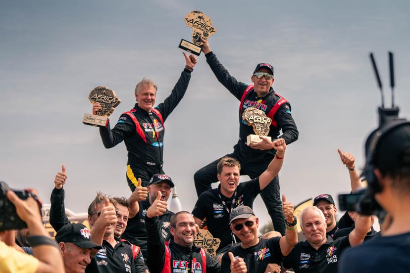 ATTENTION EDITORS - HAND OUT PICTURES - EDITORIAL USE ONLY - MANDATORY CREDIT: 'FERYN DAKAR SPORT - DIEDERD ESSELDEURS'  Hand out pictures released by Feryn Dakar Sport shows Pascal Feryn and Kurt Keysers of team Feryn Dakar Sport after stage 14 of the 2024 Africa Eco Race in Dakar, Senegal, on Sunday 14 January 2024.  *** Belga and Belga Editorial Board decline all responsibility regarding the content of this picture. *** BELGA PHOTO HAND OUT FERYN DAKAR SPORT DIEDERD ESSELDEURS