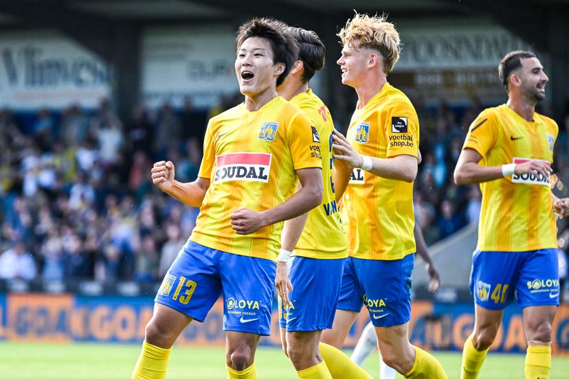 Westerlo's Isa Sakamoto celebrates after scoring during a soccer match between KVC Westerlo and Royal Antwerp FC, Saturday 30 August 2025 in Westerlo, on day 6 of the 2025-2026 'Jupiler Pro League' first division of the Belgian championship. BELGA PHOTO TOM GOYVAERTS