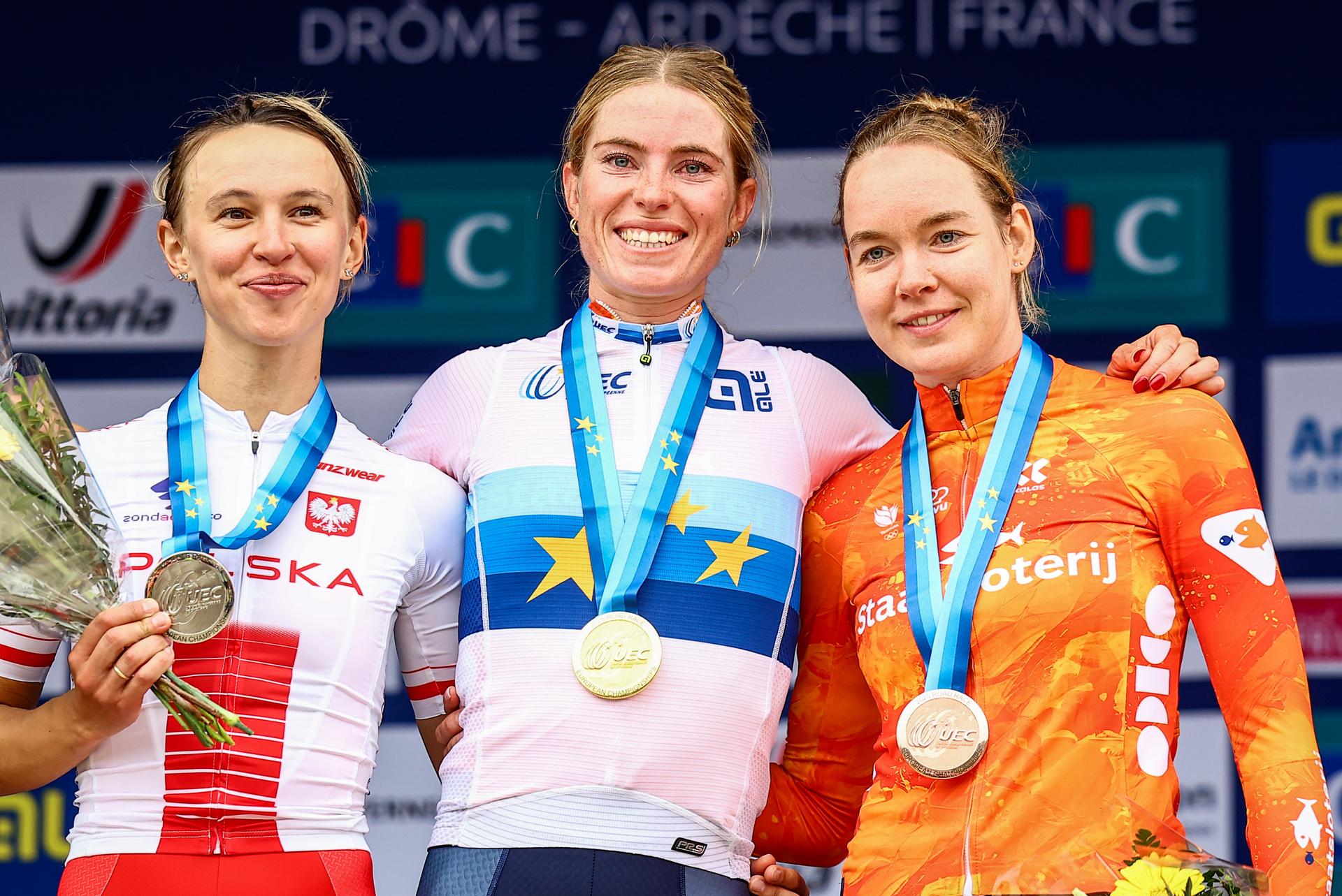 Poland Katarzyna Anna Niewiadoma, Netherlands Demi Vollering and Netherlands Anna Van Der Breggen pictured on the podium after the 116,1 km road race of the Women Elite category at the UEC road European cycling championships, Saturday 04 October 2025, in Loriol-sur-Drome, France. The European cycling championships Drome-Ardeche takes place from 1 to 5 October. BELGA PHOTO DAVID PINTENS