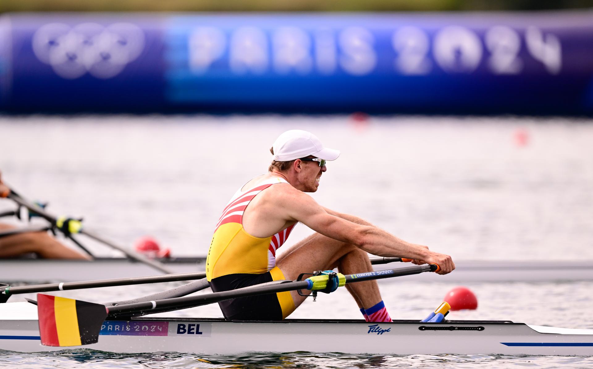 Belgian rower Tim Brys pictured in action during the final of the men's single sculls rowing event at the Paris 2024 Olympic Games, on Saturday 03 August 2024 in Paris, France. The Games of the XXXIII Olympiad are taking place in Paris from 26 July to 11 August. The Belgian delegation counts 165 athletes competing in 21 sports. BELGA PHOTO LAURIE DIEFFEMBACQ