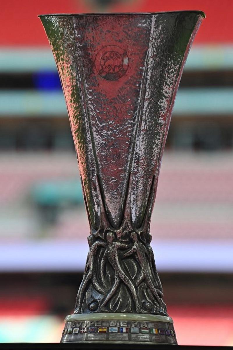The UEFA Europa League trophy is pictured pitch-side ahead of the English FA Community Shield football match between Crystal Palace and Liverpool at Wembley Stadium, in London on August 10, 2025.  Glyn KIRK / AFP