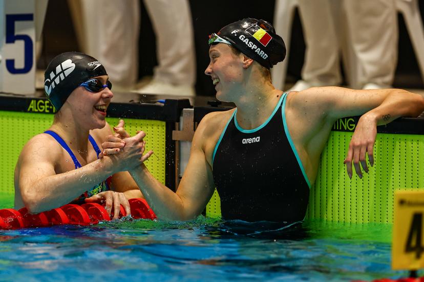 Belgian swimmer Roos Vanotterdijk and Belgian swimmer Florine Gaspard pictured during 50m freestyle race, at the Open Belgian Swimming Championships 2025 (25-27/04), in Antwerp, on Friday 25 April 2025. BELGA PHOTO DAVID PINTENS