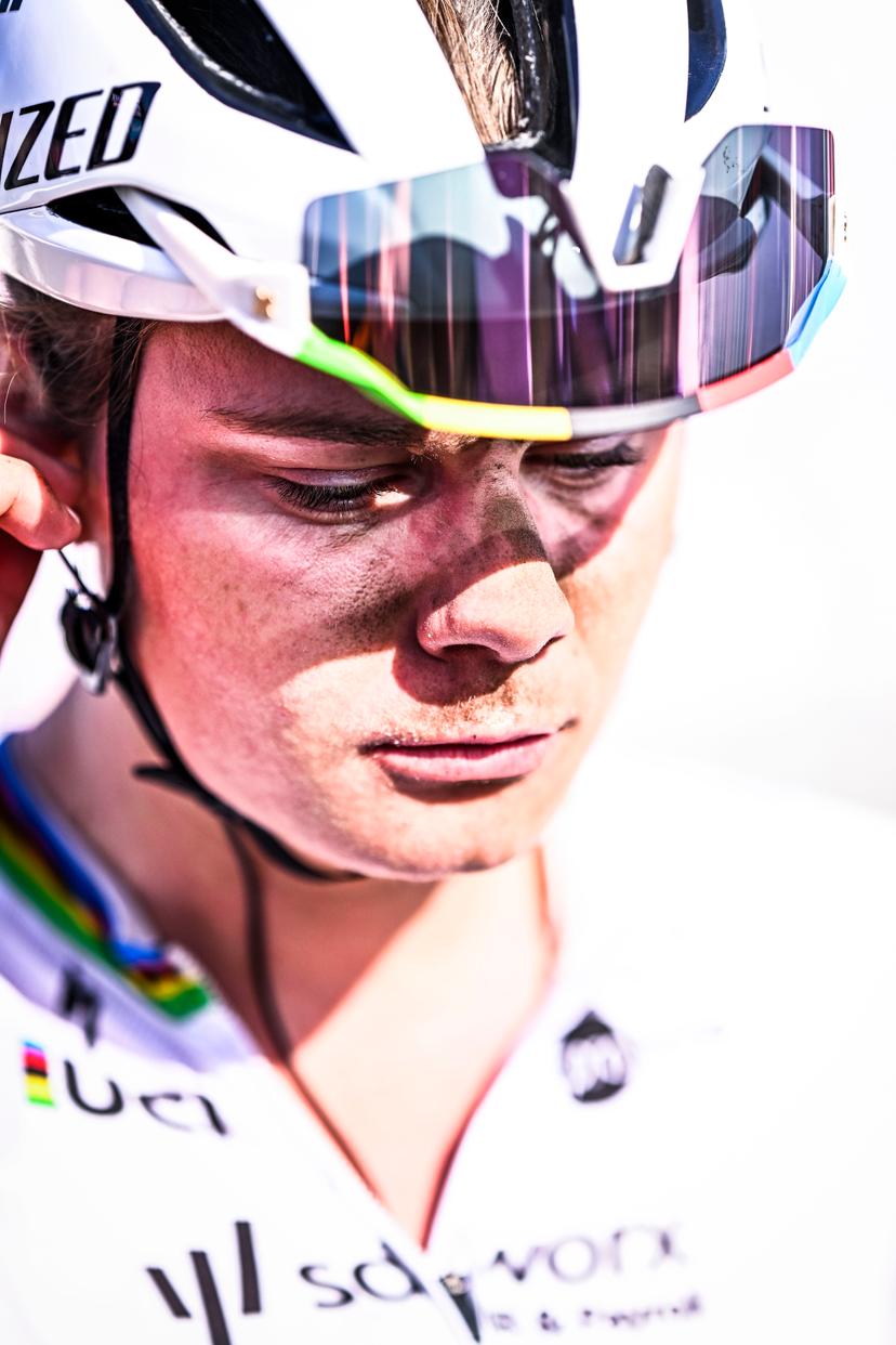 Belgian Lotte Kopecky of SD Worx-Protime looks dejected after the women's race of the 'Paris-Roubaix' one day cycling race, 148,5 km from Denain to Roubaix, France, on Saturday 12 April 2025. BELGA PHOTO JASPER JACOBS