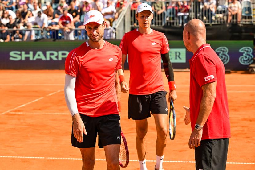 Belgian Joran Vliegen; Belgian Sander Gille and Belgian captain Steve Darcis are pictured during a tennis match between Austrian pair Miedler/Oberleitner and Belgian pair Gille/ Vliegen, the third rubber in the tie between Austria and Belgium, qualifiers for the Davis Cup tournament, on Saturday 19 September 2026 in Vienna, Austria. BELGA PHOTO DAVID PINTENS
