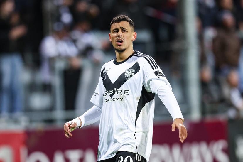 Eupen's Zakaria Atteri reacts during a soccer game between KAS Eupen and Beerschot VA, Friday 10 April 2026 in Eupen, on day 33 of the 2025-2026 'Challenger Pro League' 1B second division of the Belgian championship. BELGA PHOTO BRUNO FAHY
