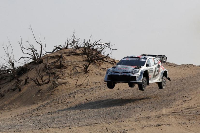 French driver Sebastien Ogier and his French co-driver Vincent Landais compete in their Toyota GR Yaris during stage 5 of the FIA World Rally Championship (WRC) in Jeddah on November 27, 2025.  Fayez Nureldine / AFP