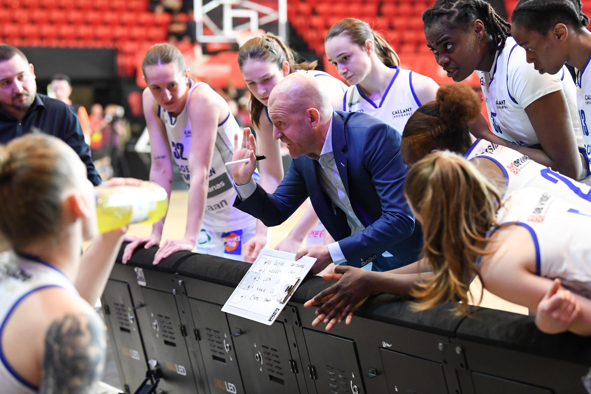 Mechelen's head coach Arvid Diels pictured during a basketball match between Kangoeroes Mechelen and Castors Braine, Saturday 08 March 2025 in Oostende, the final of the women's Belgian Basketball Cup. BELGA PHOTO JILL DELSAUX