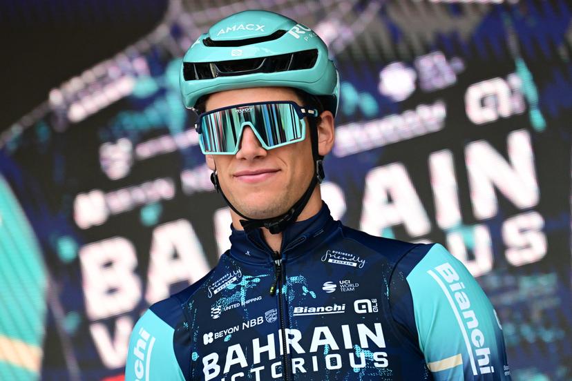 Belgium's Alec Segaert of Bahrain-Victorious pictured during the team presentation at the start of the 78th edition of the men elite race of the Kuurne-Brussels-Kuurne one day cycling race, 195 km from Kuurne to Kuurne via Brussels, Sunday 01 March 2026.  BELGA PHOTO DIRK WAEM