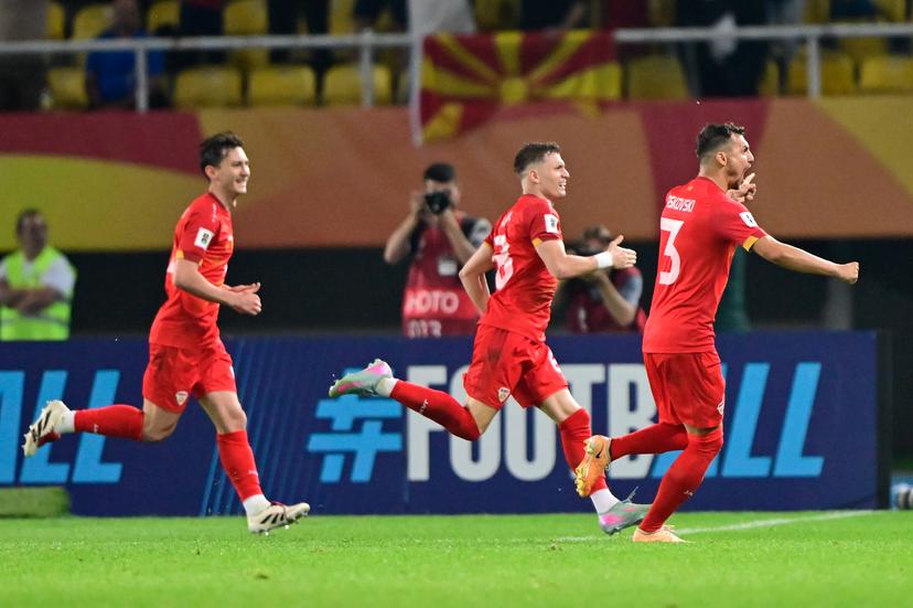 North Macedonia's Ezgjan Alioski celebrates after scoring during a soccer game between North Macedonia and Belgian national team Red Devils, Friday 06 June 2025 in Skopje, the first (out of 8) qualification games for the World Cup 2026. BELGA PHOTO DIRK WAEM