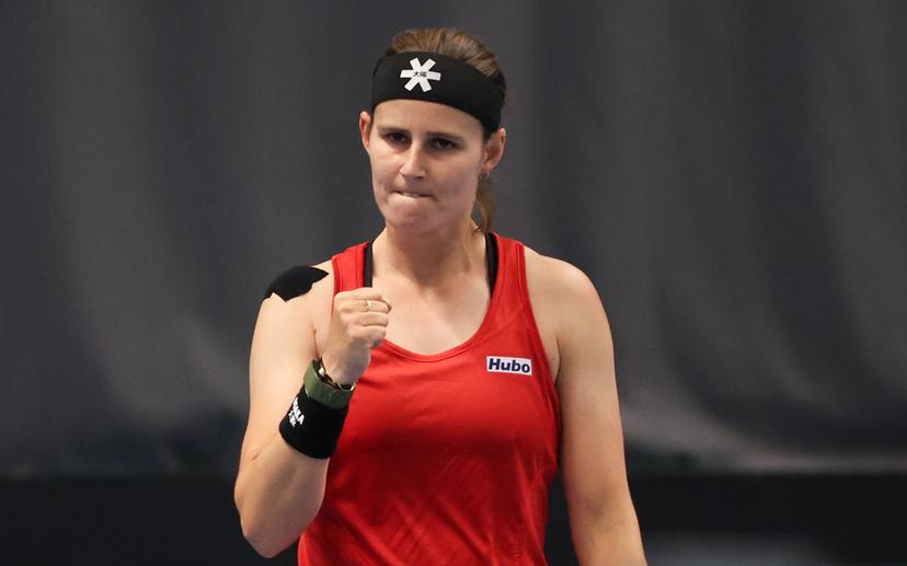 Belgian Greet Minnen celebrates during a tennis match between Belgian Minnen and Greek Matoula, in the qualifiers of the Billie Jean King Cup tennis, in Vilnius, Lithuania on Tuesday 08 April 2025. PHOTO VIRGINIE LEFOUR