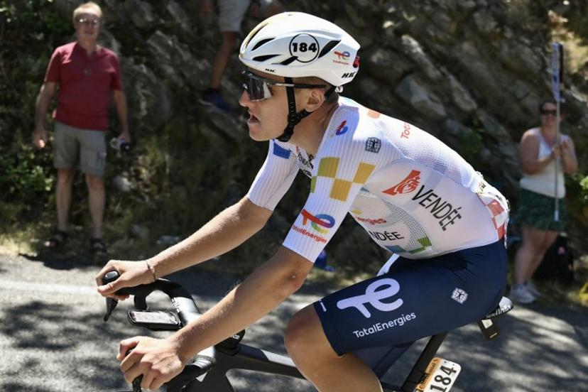 Team TotalEnergies' French rider Thomas Gachignard is distanced at the back of the pack of riders (peloton) during the 16th stage of the 112th edition of the Tour de France cycling race, 171.5 km between Montpellier and Mont Ventoux, southern France, on July 22, 2025.  Marco BERTORELLO / AFP
