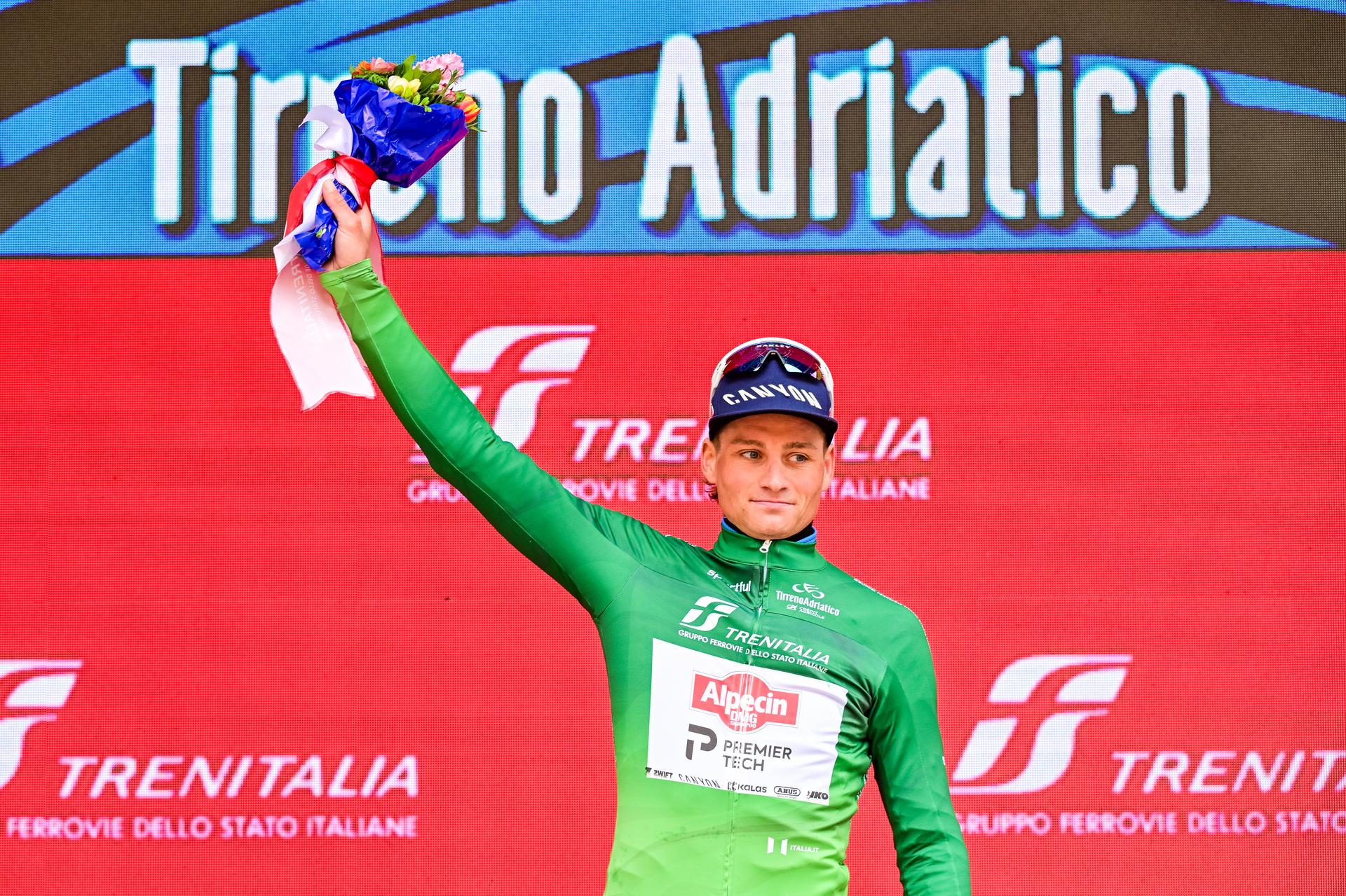 Dutch Mathieu van der Poel of Alpecin-Premier Tech celebrates on the podium in the green points jersey the second stage of the Tirreno-Adriatico cycling race, from Camaiore to San Gimignano (206 km), Italy, Tuesday 10 March 2026. BELGA PHOTO DIRK WAEM