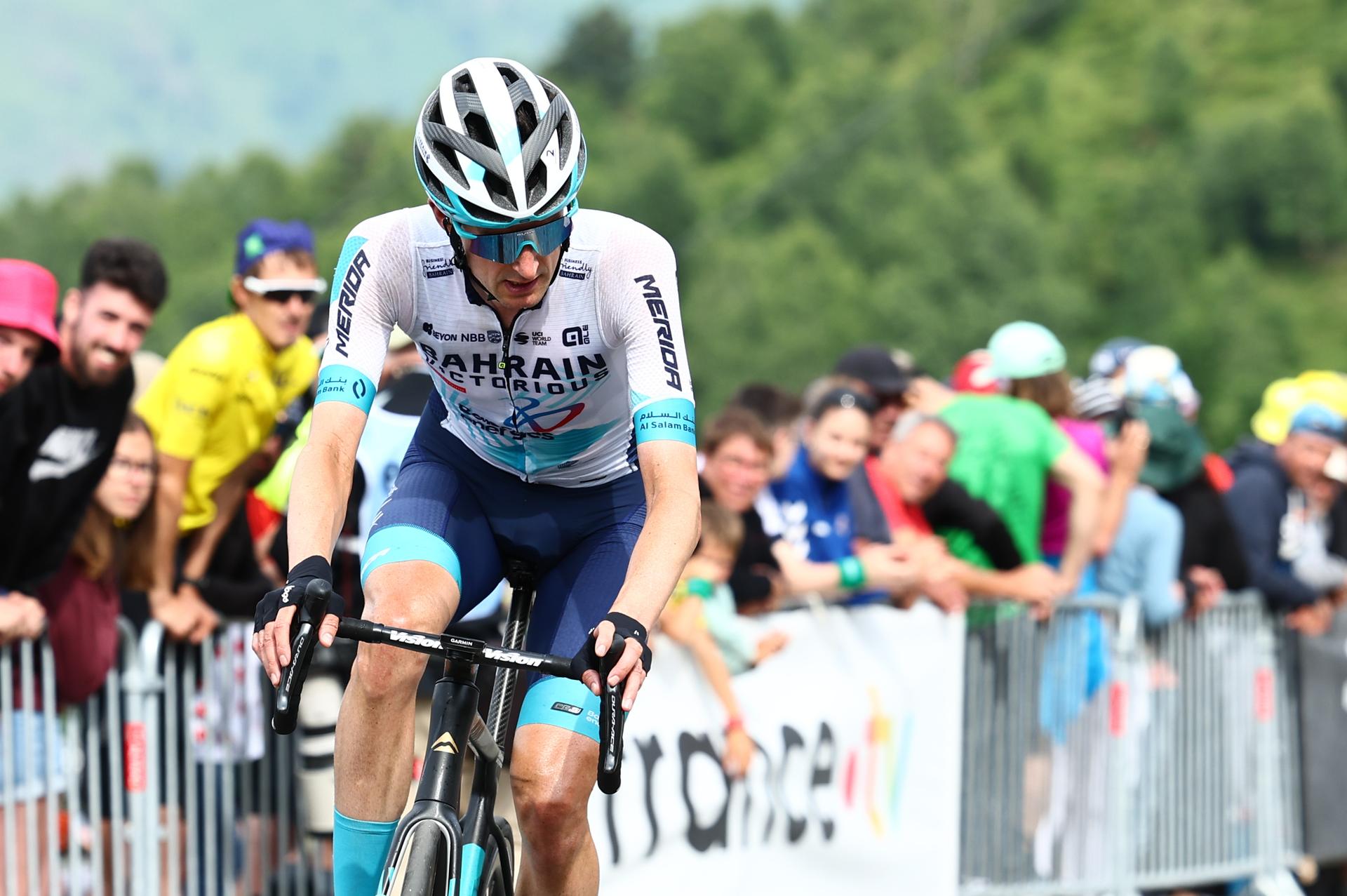 Dutch Wout Poels of Bahrain Victorious pictured in action during stage 14 of the 2024 Tour de France cycling race, from Pau to Saint-Lary-Soulan Pla d'Adet, France (151,9 km), on Saturday 13 July 2024. The 111th edition of the Tour de France starts on Saturday 29 June and will finish in Nice, France on 21 July.  BELGA PHOTO DAVID PINTENS