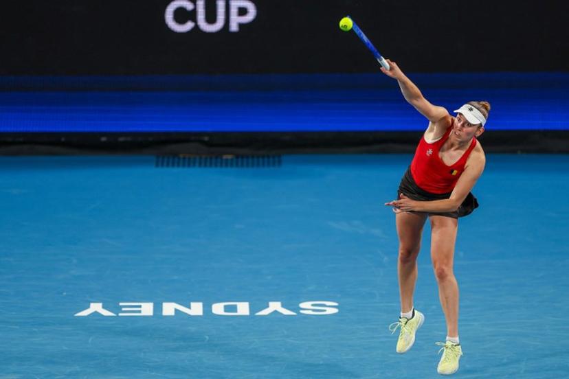 Belgium's Elise Mertens serves to Czech Republic's Barbora Krejcikova during their women's singles quarter-final match at the United Cup tennis tournament at Ken Rosewall Arena in Sydney on January 8, 2026.  Izhar KHAN / AFP