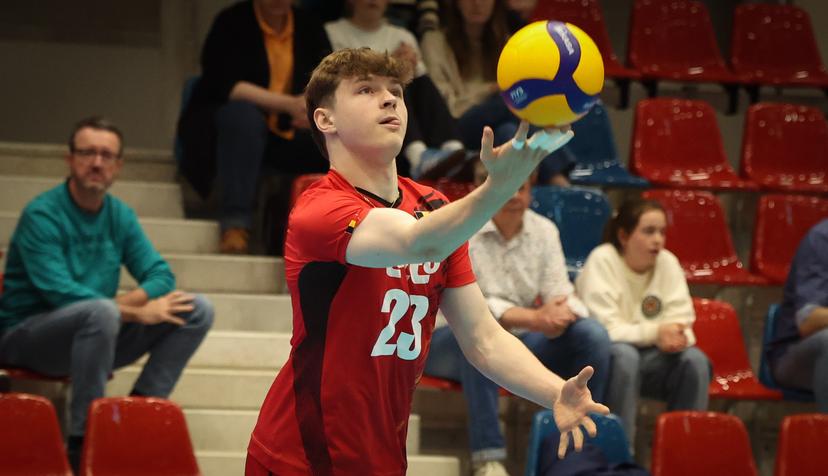 Belgium's Pierre Perin pictured in action during a volleyball match between Belgium's national men's volleyball team, the Red Dragons, and the Azeri national men's volleyball team, in match 3/6 of the League Round of the European Golden League men, in Beveren, Friday 24 May 2024. BELGA PHOTO VIRGINIE LEFOUR
